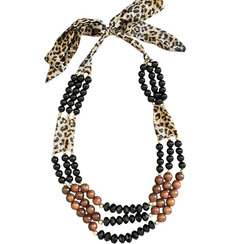 Boutique Leopard 3 Strand Beaded Necklace Fabric Tied Bow Black Brown Gold 11-13